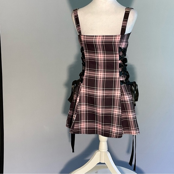 Dolls Kill Lg Gothic/Punk/Witchy Pink/Black Plaid Mini Dress Black Ribbon Laceup - Picture 11 of 12